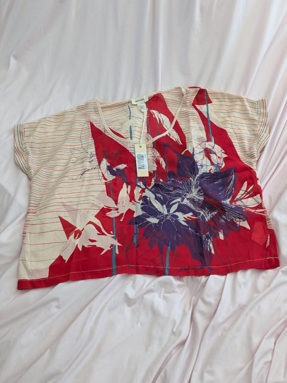 NWT Diesel Red Floral Striped Cotton Top Size S